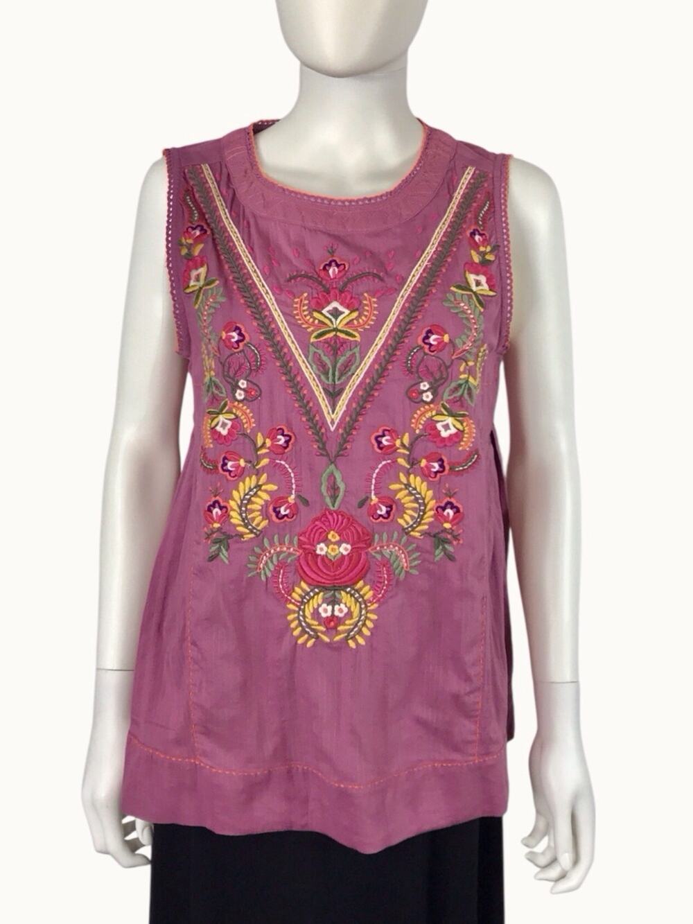 Sundance Tunic Blouse Boho Pink Purple Cotton Floral Embroidered Sleeveless